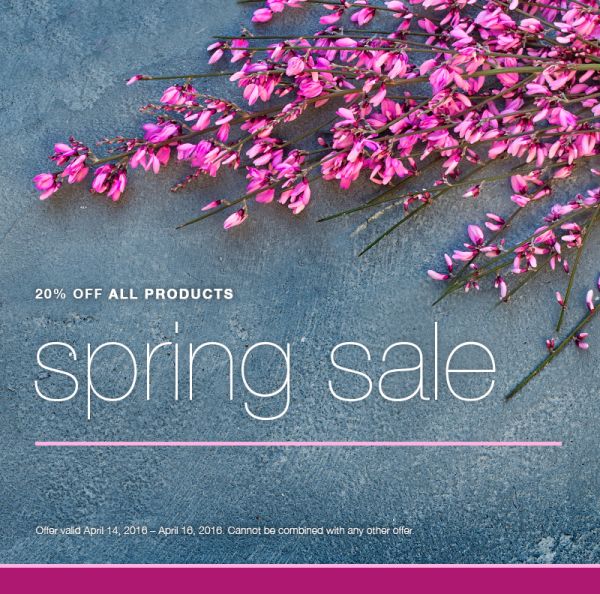 spring sale graphic with purple flowers on grey background