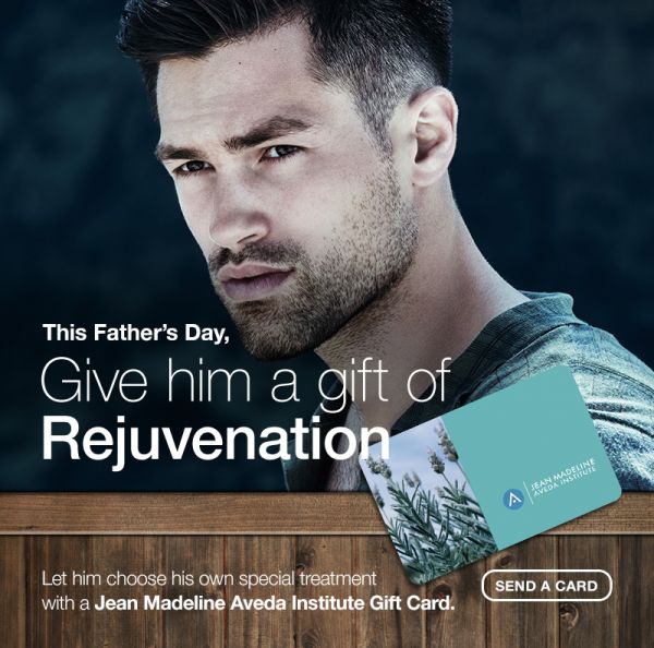 Male Aveda model with gift card offer