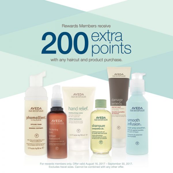 rewards member earn extra 200 points graphic with Aveda beauty products