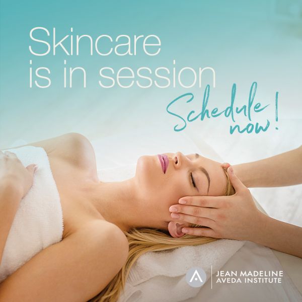 Skincare in session graphic with woman on table getting head massage