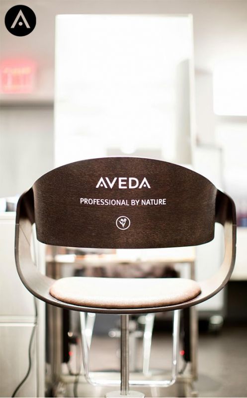 beauty salon chair with words on back Aveda Professional by nature