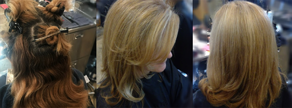 Three images of beauty salon client hair before during after