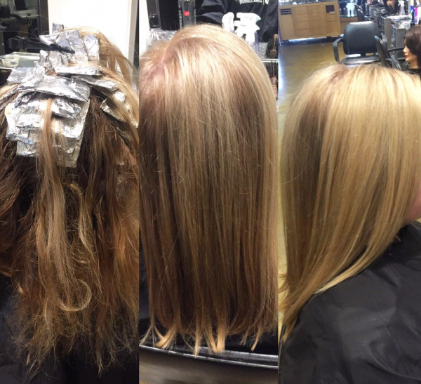 Images of salon client with hair foils and highlight after image