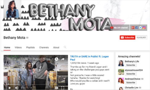 Screenshot of Bethany Mota's youtube channel